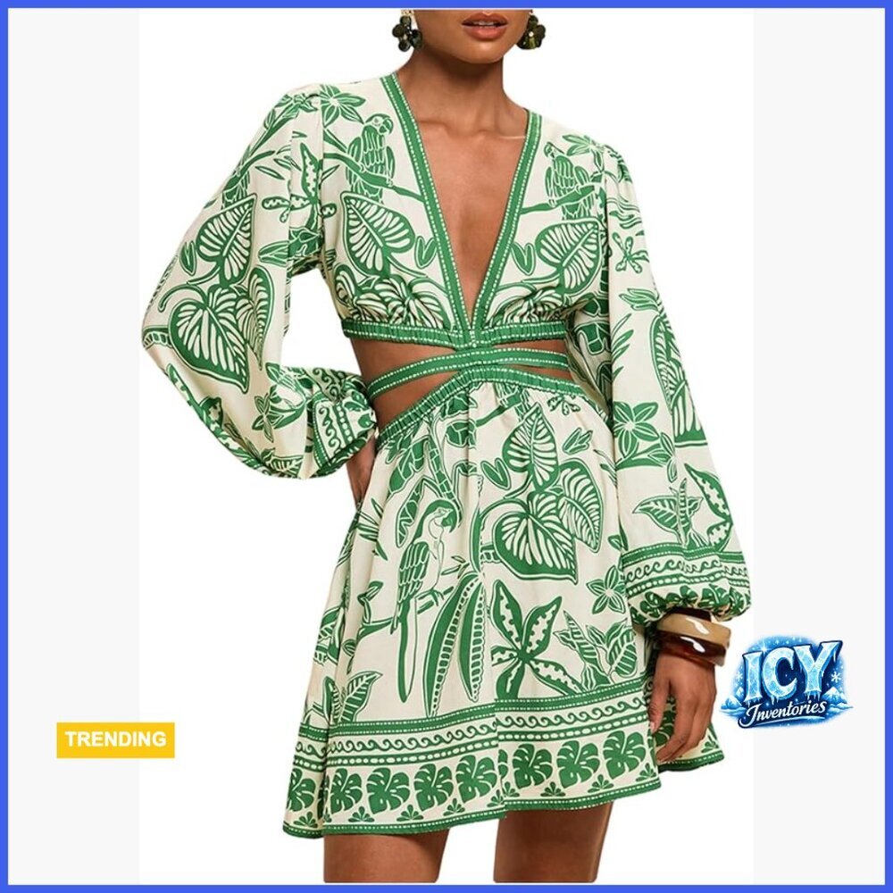 Tropical Bishop Sleeve Mini Dress with Cut Out Tie Back V Neck